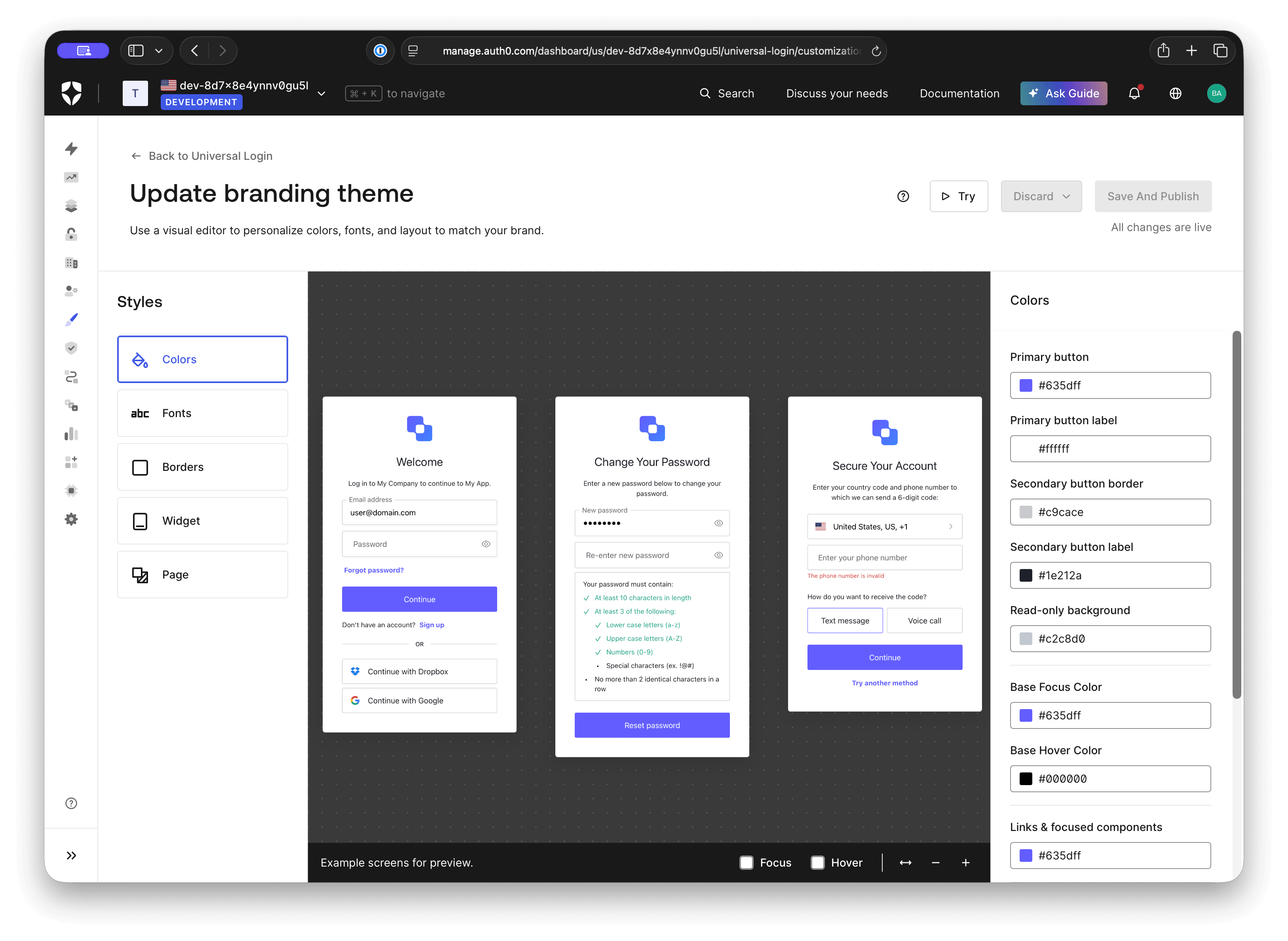 Universal Login, applying brand and policy customization