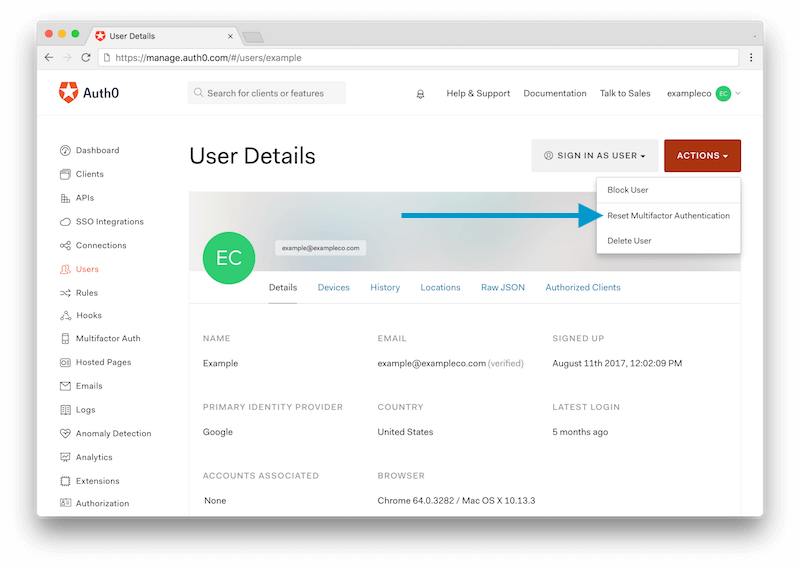 Resetting a user's multi-factor account