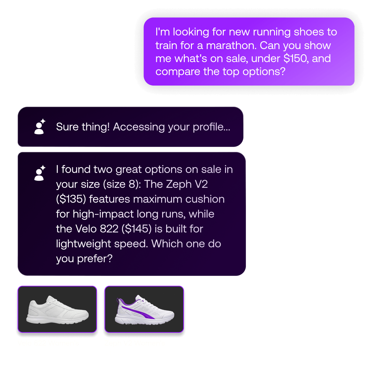AI assistant comparing personalized running shoe options under budget