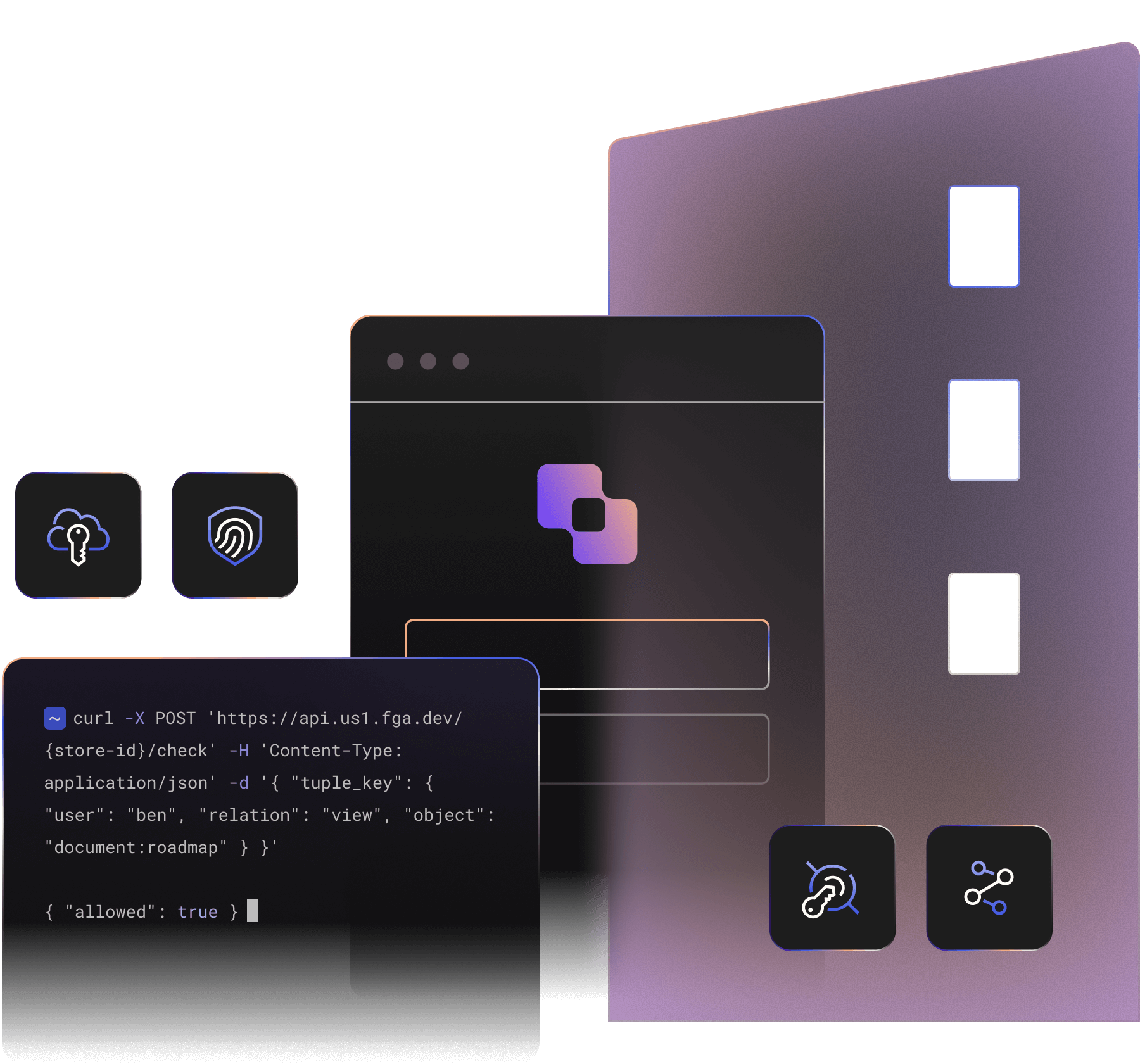 Code-Snippet, Login-Box, Biometrie- und Passwort-Symbole mit einem abstrakten Gebäudehintergrund