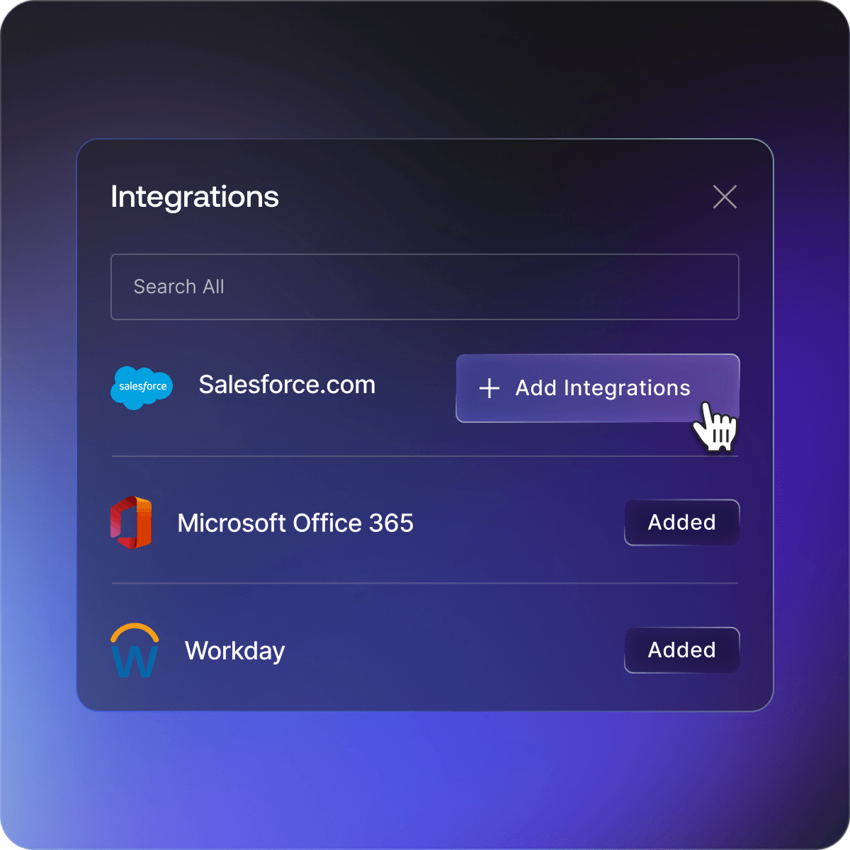 Produkt-Benutzeroberfläche zu Auth-Integrationen mit Salesforce-, MS Office 365- und Workday-Integration