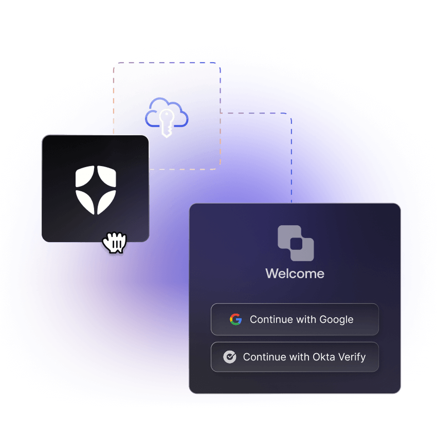 Auth0-Logo neben einem SSO-Symbol und einer Verbindungslinie zu einer Login-Box